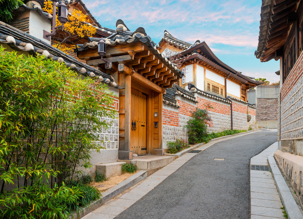 Traditional Korean style architecture at Bukchon Hanok Village in Seoul, South Korea