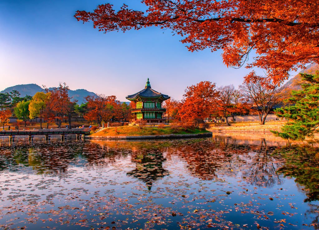 Pagoda at gyeongbokgung palace in autumn Seoul South Korea