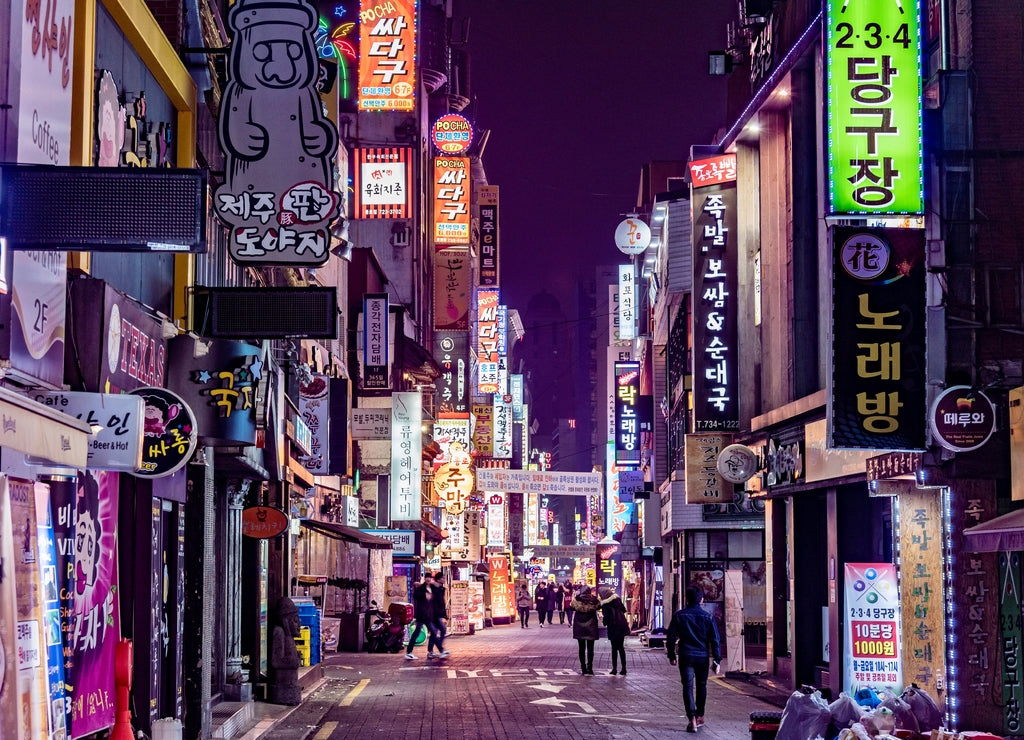 Neon lights in the night of the city of Seoul in South Korea