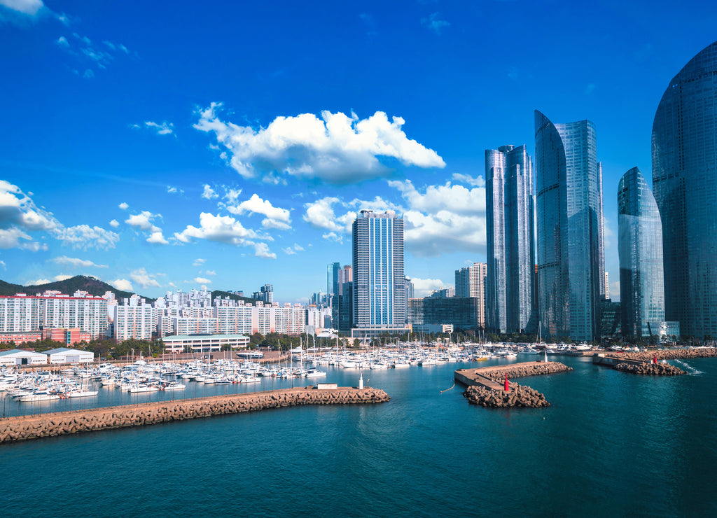 Haeundae I Park Marina and Gwangalli Beach with yacht pier at daytime in Busan, South Korea