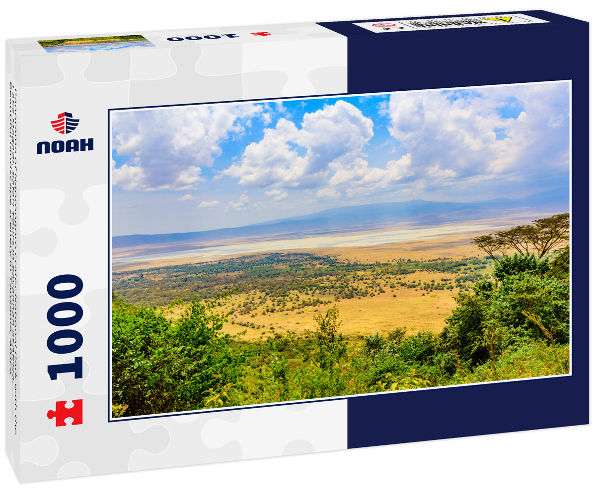 Panorama of Ngorongoro crater National Park with the Lake Magadi. Safari Tours in Savannah of Africa. Beautiful landscape scenery in Tanzania, Africa