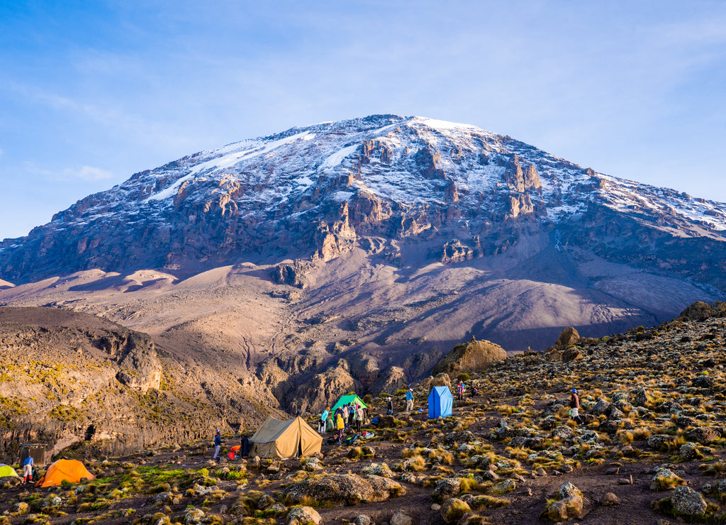 Camping on mount Kilimanjaro in tents to see the glaciers in Tanzania, Africa
