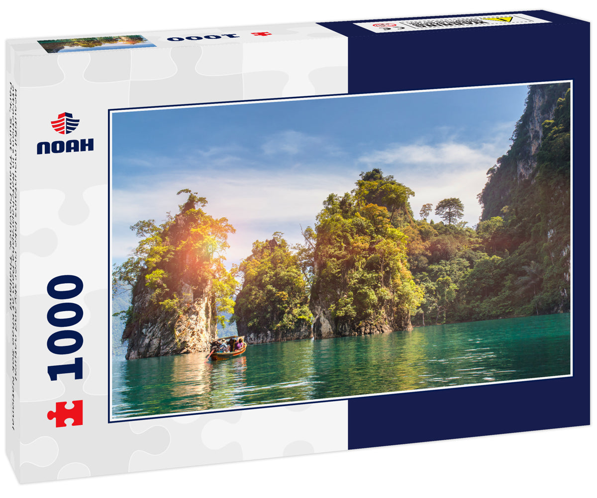 Beautiful mountains lake river sky and natural attractions in Ratchaprapha Dam at Khao Sok National Park, Surat Thani Province, Thailand