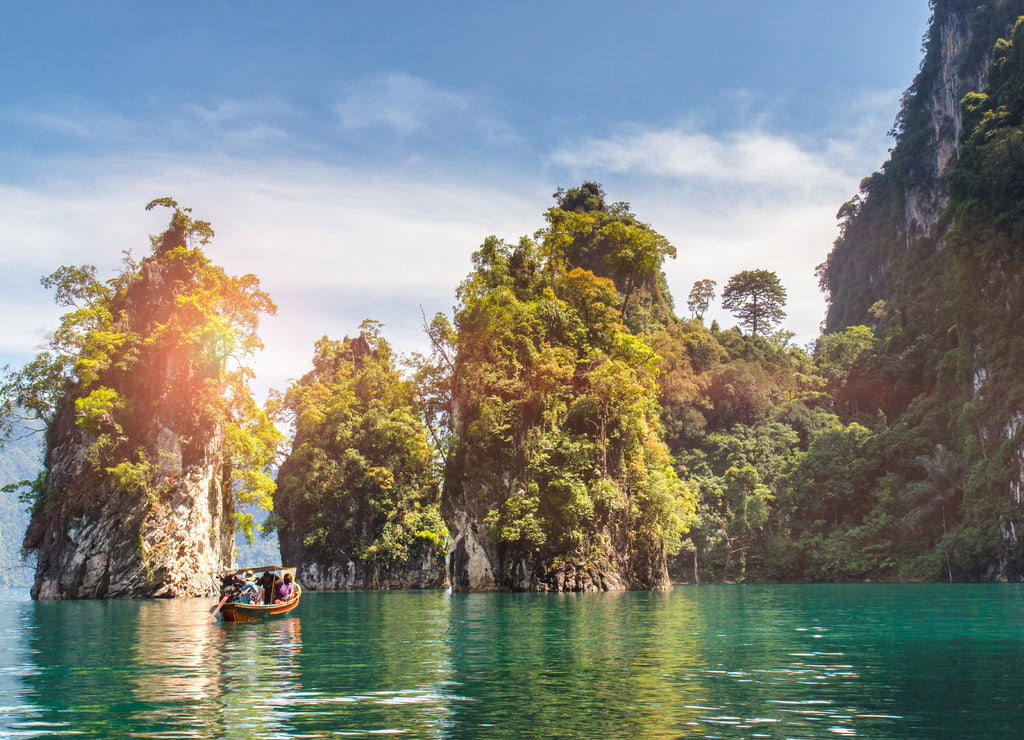 Beautiful mountains lake river sky and natural attractions in Ratchaprapha Dam at Khao Sok National Park, Surat Thani Province, Thailand