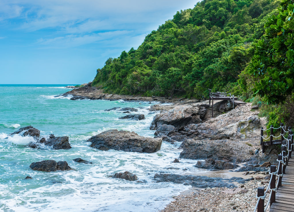 Wooden walkway and viewpoint along the coastline to peninsula at Khao Laem Ya National Park, Rayong, Thailand