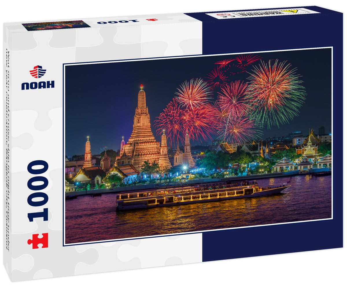 Wat arun and cruise ship in night time under new year celebration, Bangkok city,Thailand