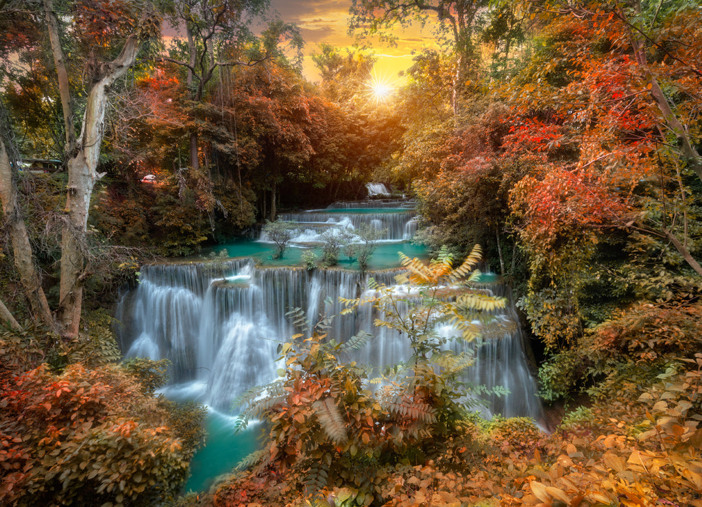 Huay Mae Kamin Waterfall, beautiful waterfall in autumn forest, Kanchanaburi province