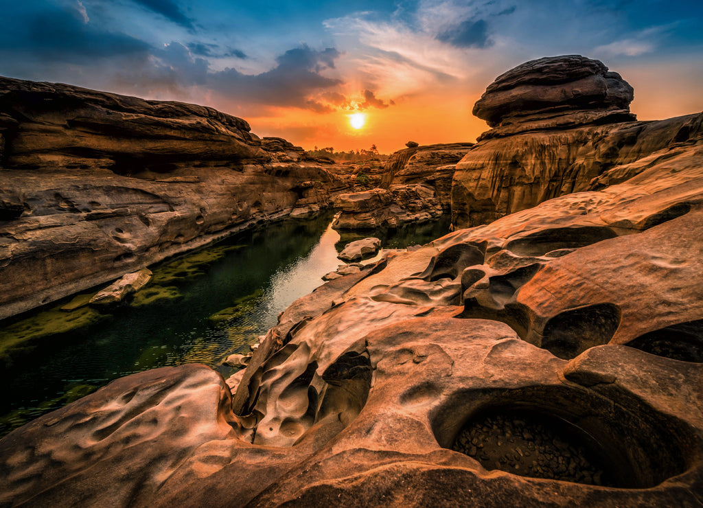Landscape of sunset at Sam Phan Bok in Ubonratchathani unseen in Thailand. The Grand Canyon