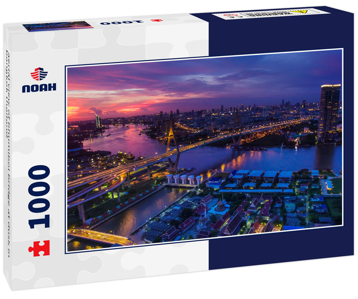 aerial view of bhumibol bridge at dusk in bangkok thailand