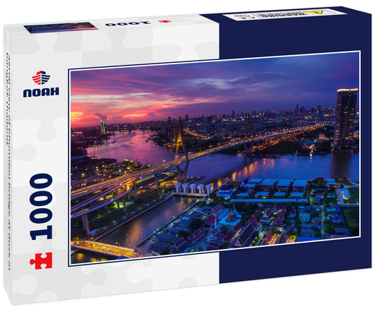 aerial view of bhumibol bridge at dusk in bangkok thailand