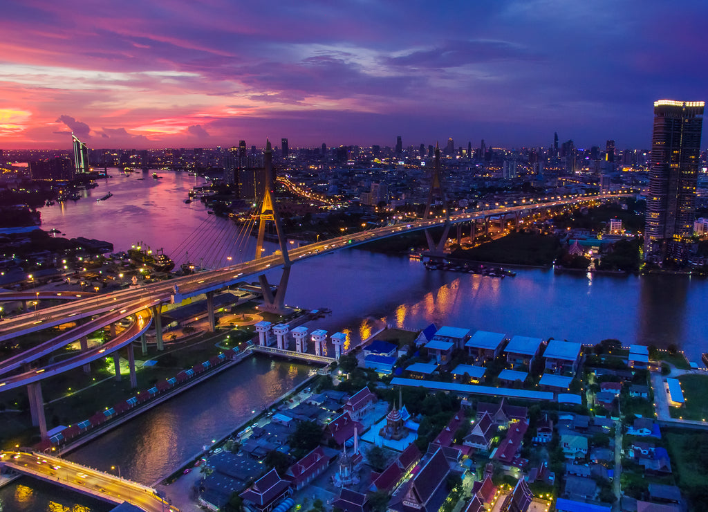 aerial view of bhumibol bridge at dusk in bangkok thailand