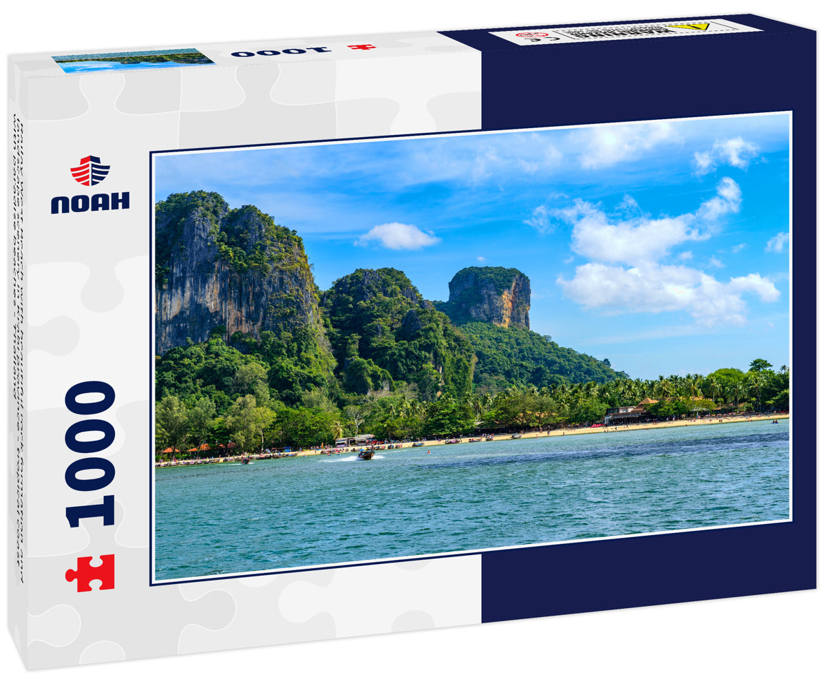 Railay West Beach with beautiful rock formation and landscape scenery in Krabi province - tropical coast with paradise beaches - Thailand