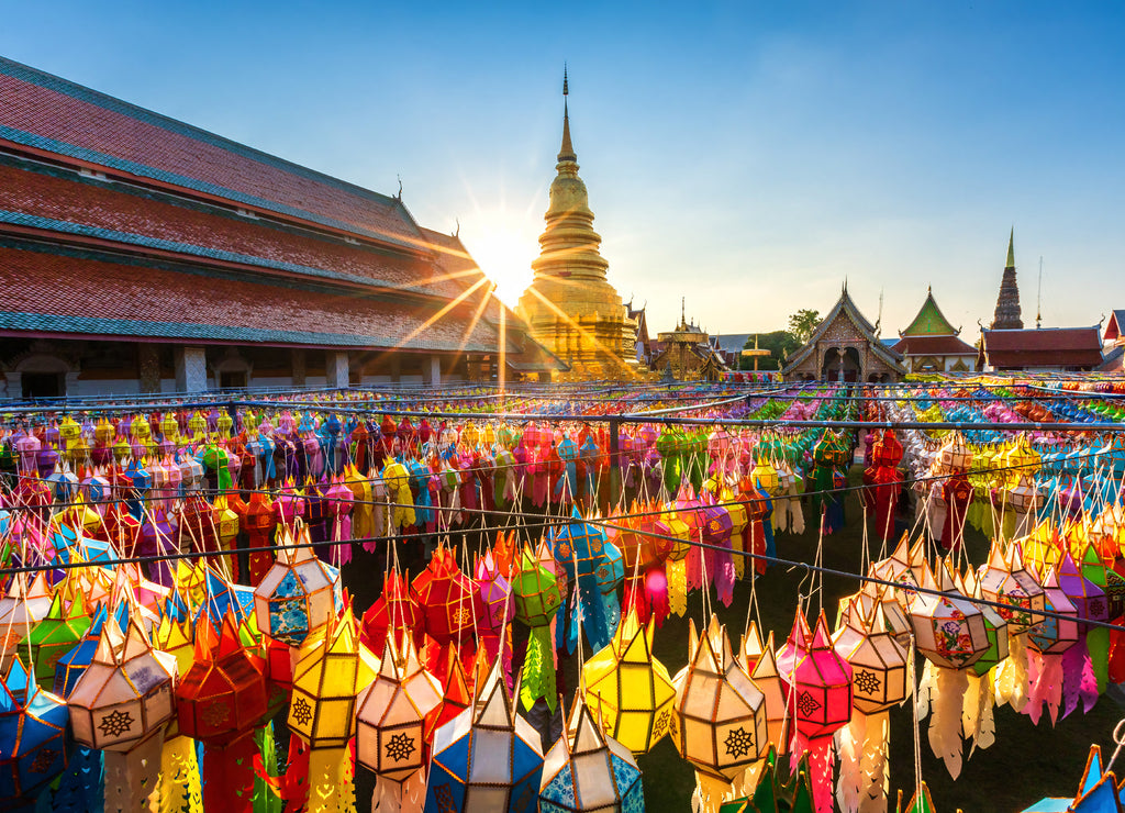 The Beautiful Lanna lamp lantern are northern thai style lanterns in Loi Krathong or Yi Peng Festival at Wat Phra That Hariphunchai is a Buddhist temple in Lamphun, Thailand