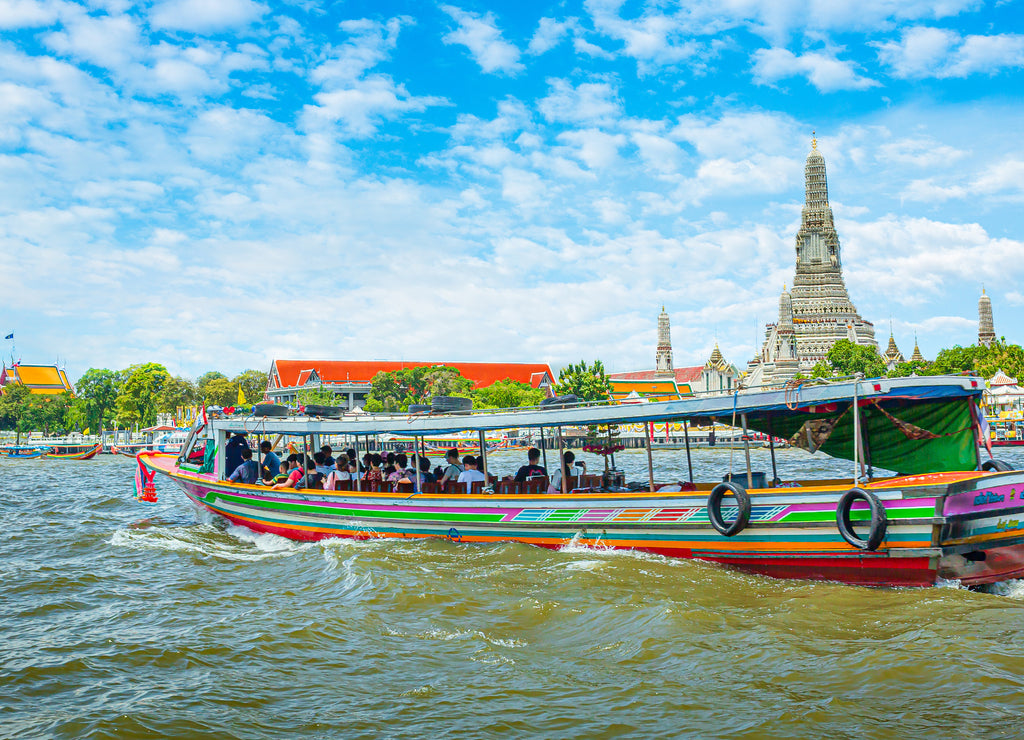 Chao Phraya from boat back to temple Wat Arun, eldest temple in Bangkok