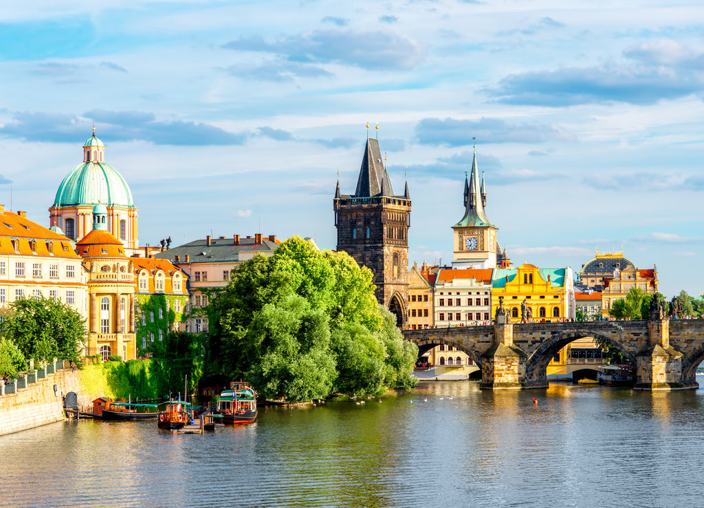 Citycsape view on the riverside with the bridge and old town in Prague