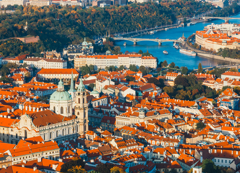 Aerial view of mala strana district, Prague Czech republic, red tile roofs