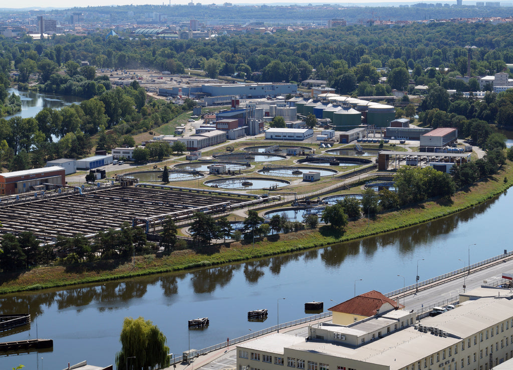 Central sewage treatment plant and city panorama. Czech Republic. Prague