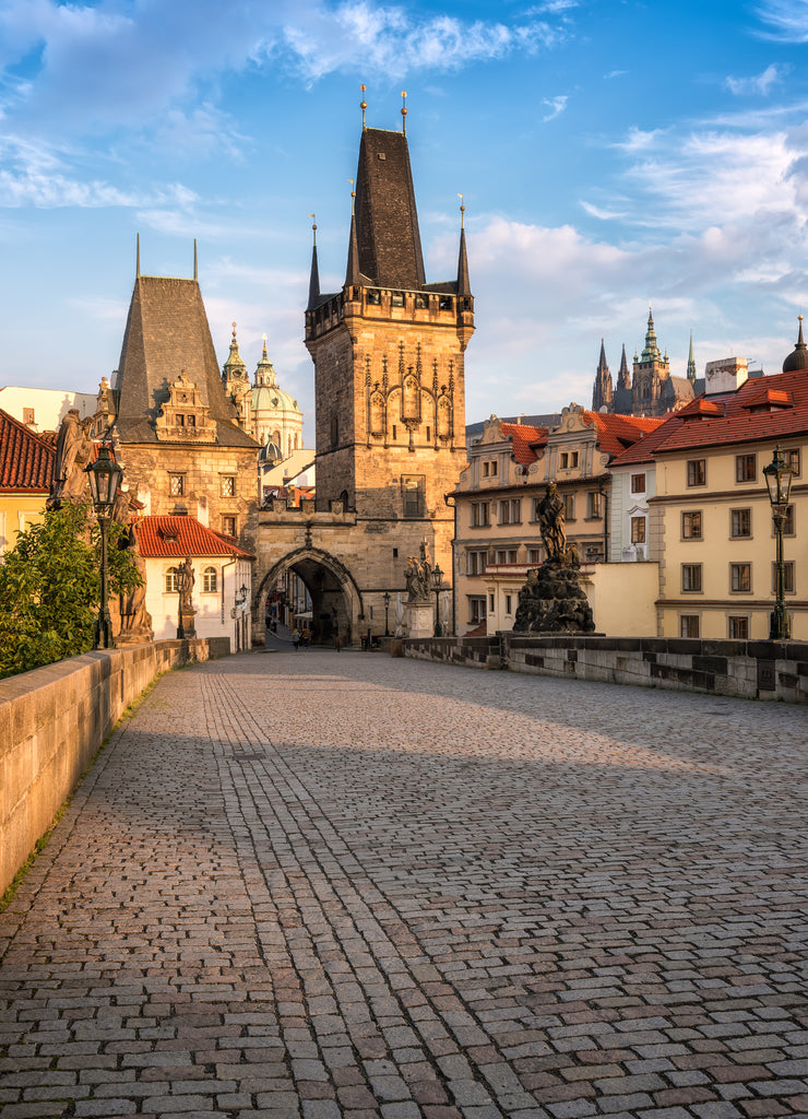 Charles Bridge in Prague / Beautiful sunny morning view of Charles Bridge in Prague, Czech Republic