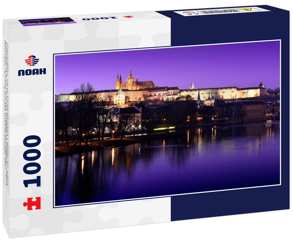 Panoramic view To Hradschin Castle, St. Vitus Cathedral And Charles Bridge In Prague, Czech Republic during sunset with dramatic sky