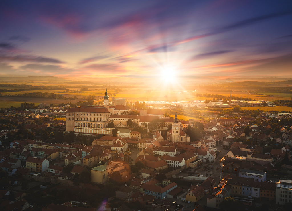 Overlooking beautiful Mikulov castle, Chateau from Saint Hill while sunset. Wine region. South Moravia, Czech Republic