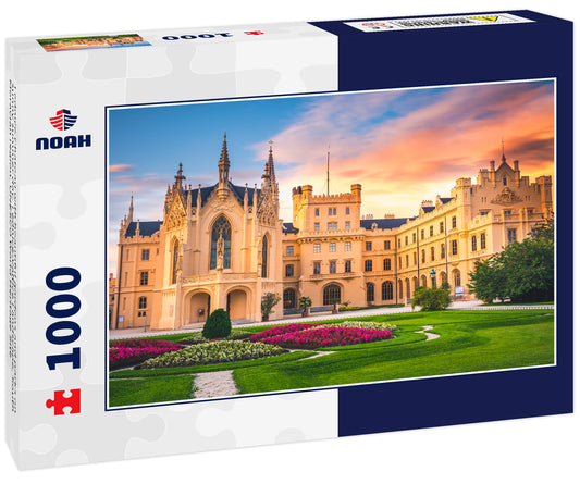 Lednice Chateau with beautiful gardens and parks on sunny summer day. Lednice-Valtice Landscape, South Moravian region. UNESCO World Heritage Site