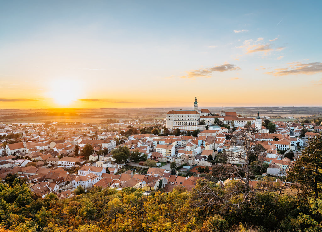 View of Mikulov with beautiful Baroque castle on the rock at sunset,south Moravia,Czech Republic