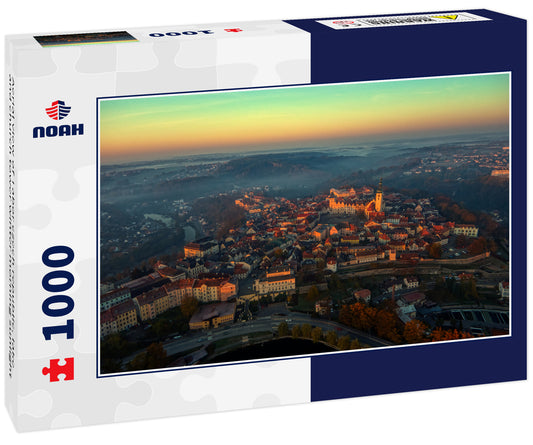 Aerial view of Tabor czech republic, lake and church tower winter morning sunlight
