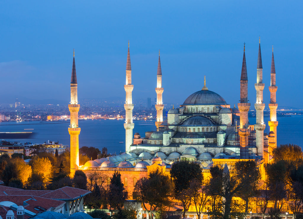 Aerial view of Blue Mosque in Istanbul at night