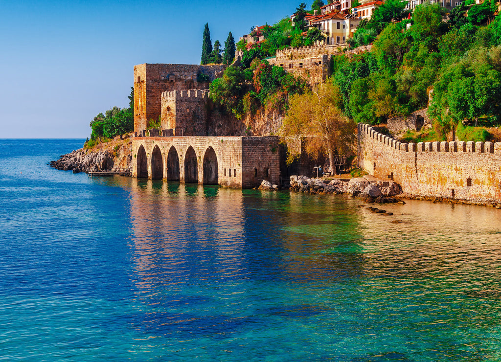 Landscape of ancient shipyard near of Kizil Kule tower in Alanya peninsula, Antalya district, Turkey