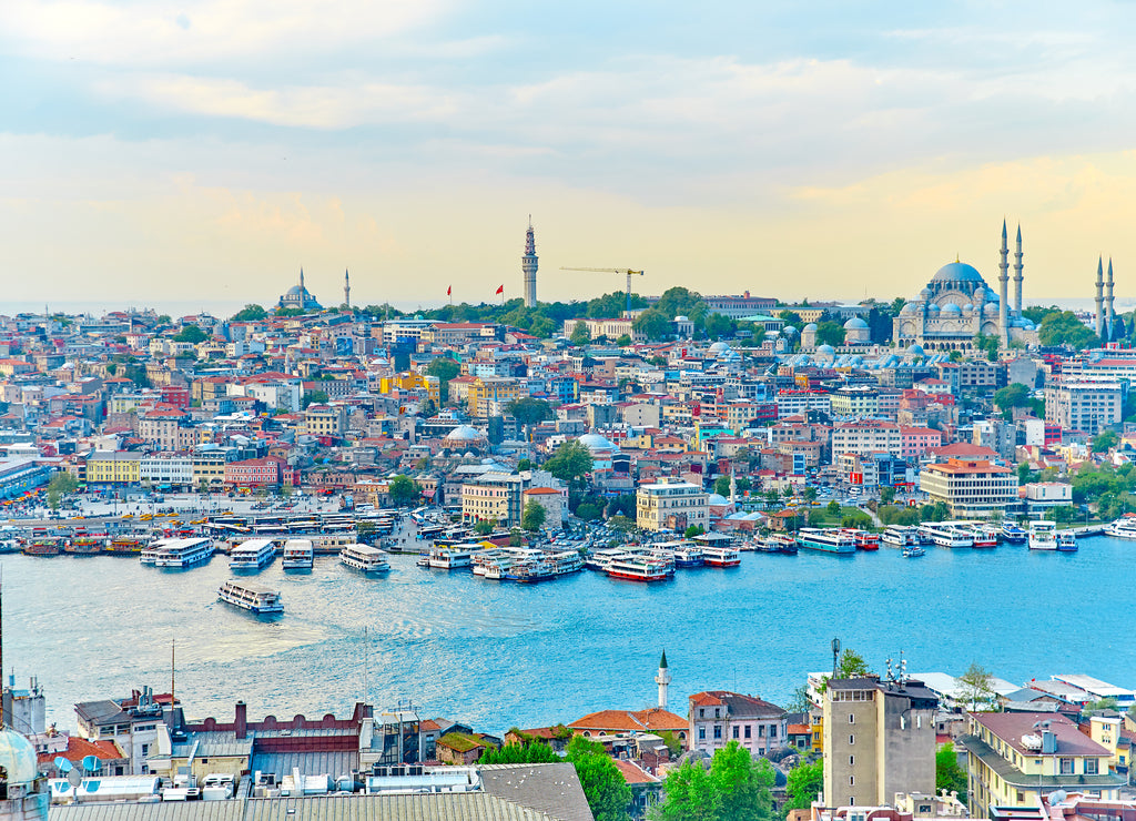 Top view from Galata Tower in Istanbul at sunset time