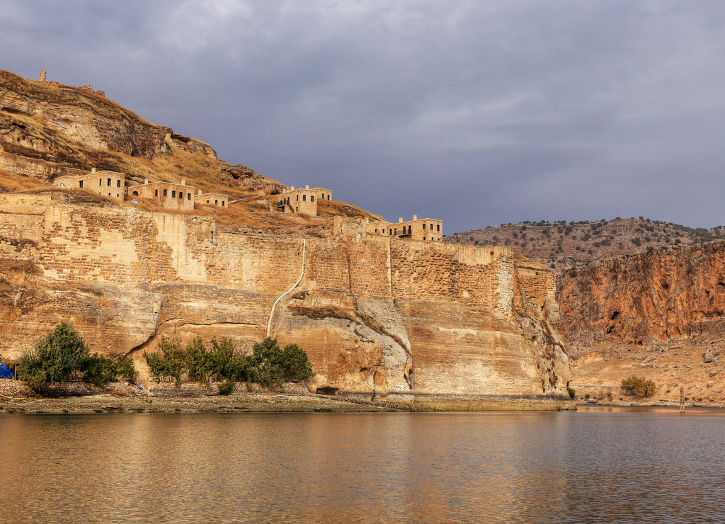 Landscape of Halfeti in the foreground Euphrates River and Sunken Mosque. Sanliurfa, Gaziantep in Turkey