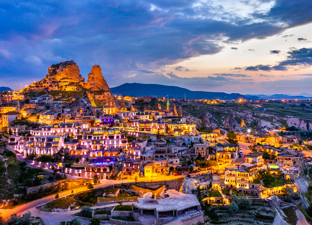 View of Uchisar at sunset. Cappadocia, Turkey