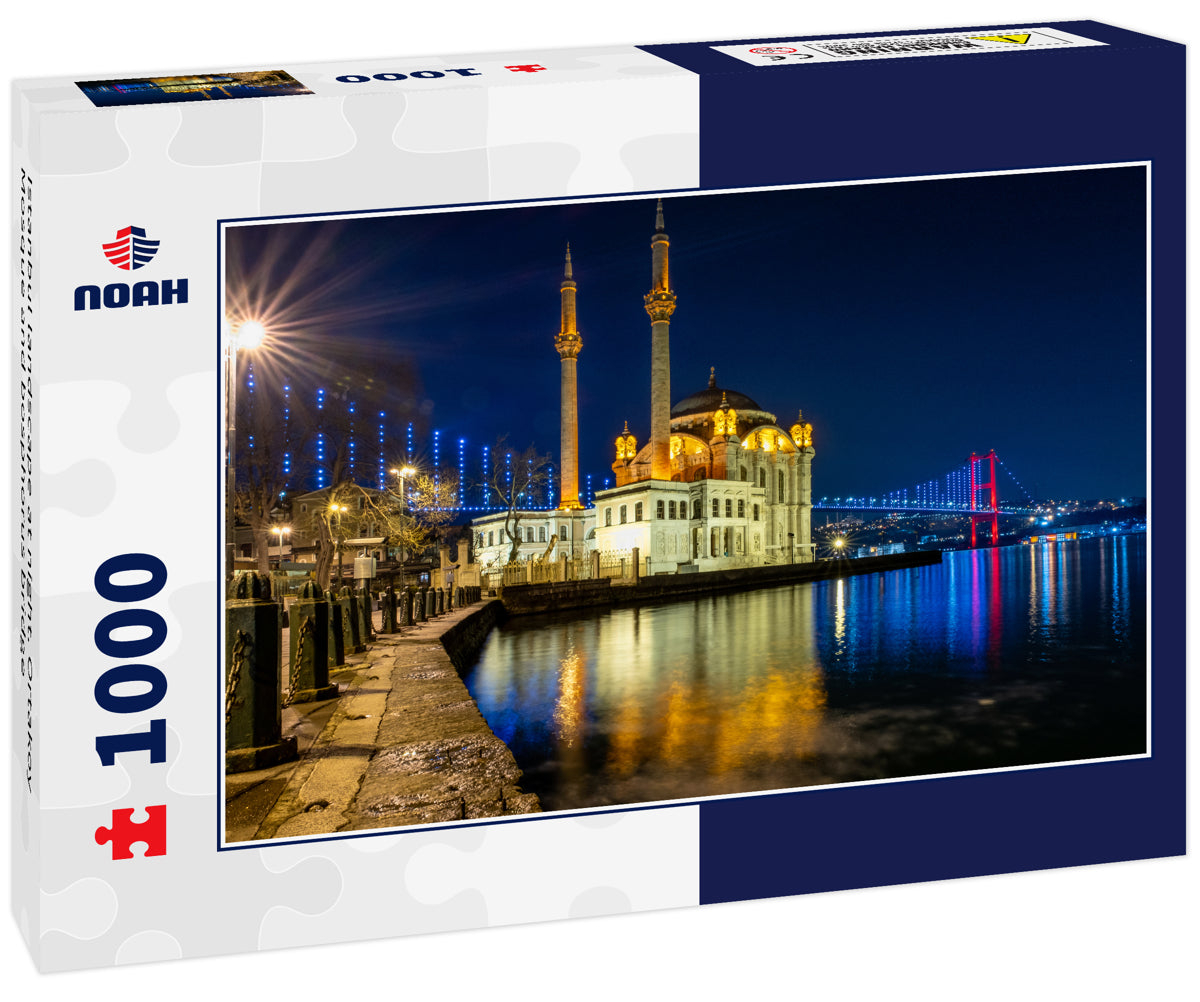 Istanbul landscape at night. Ortakoy Mosque and bosphorus bridge