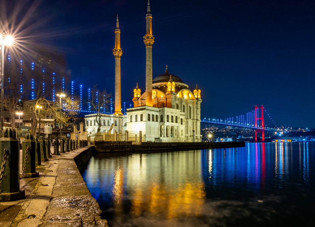 Istanbul landscape at night. Ortakoy Mosque and bosphorus bridge