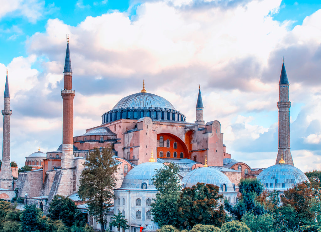 Sunny day architecture and Hagia Sophia Museum, in Eminonu, istanbul, Turkey