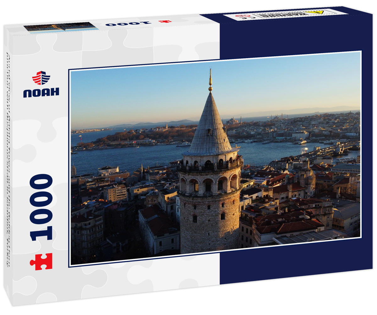 Aerial view of Galata Tower and the Golden Horn junction with Bosphorus strait in Istanbul, Turkey