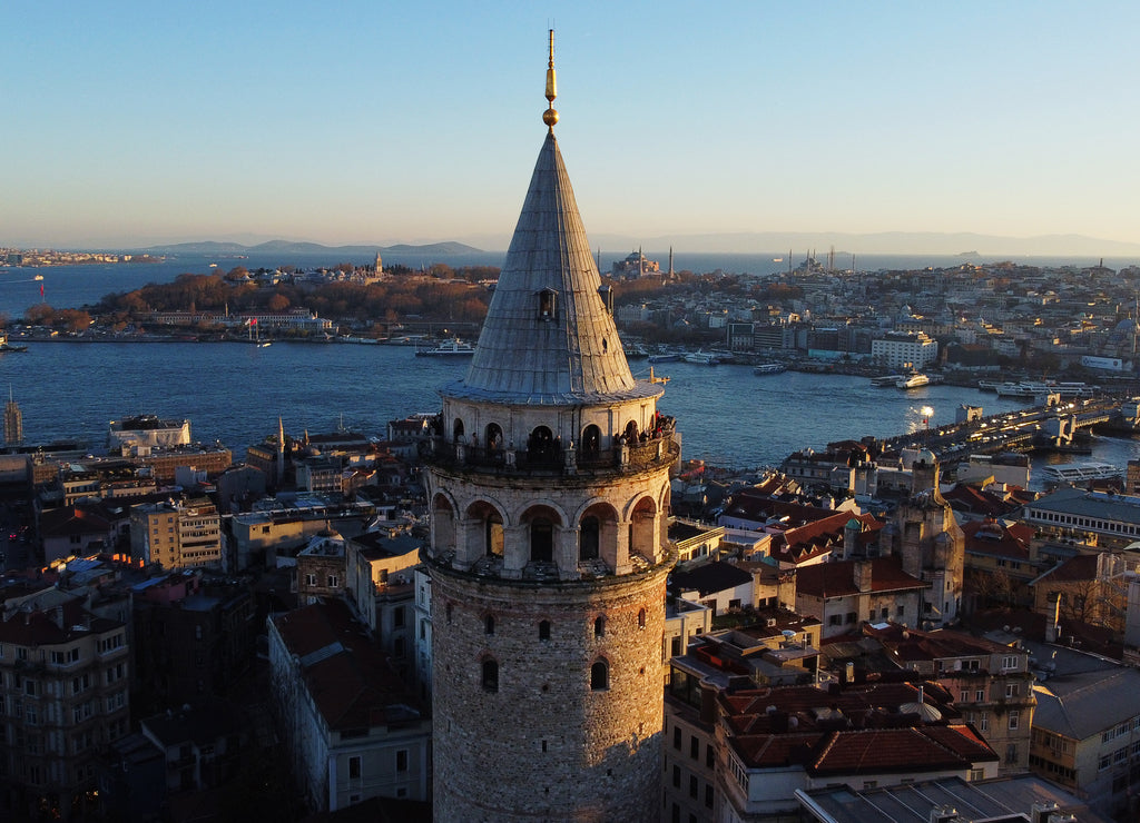Aerial view of Galata Tower and the Golden Horn junction with Bosphorus strait in Istanbul, Turkey