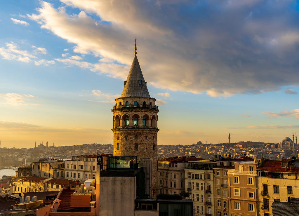 Istanbul Galata Tower view from top. Natural clouds and blue sky