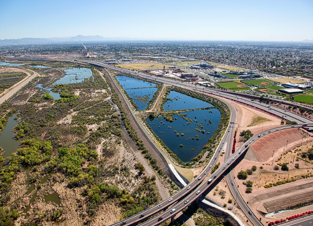 Flood control, freeways and bike path over Mesa, Arizona