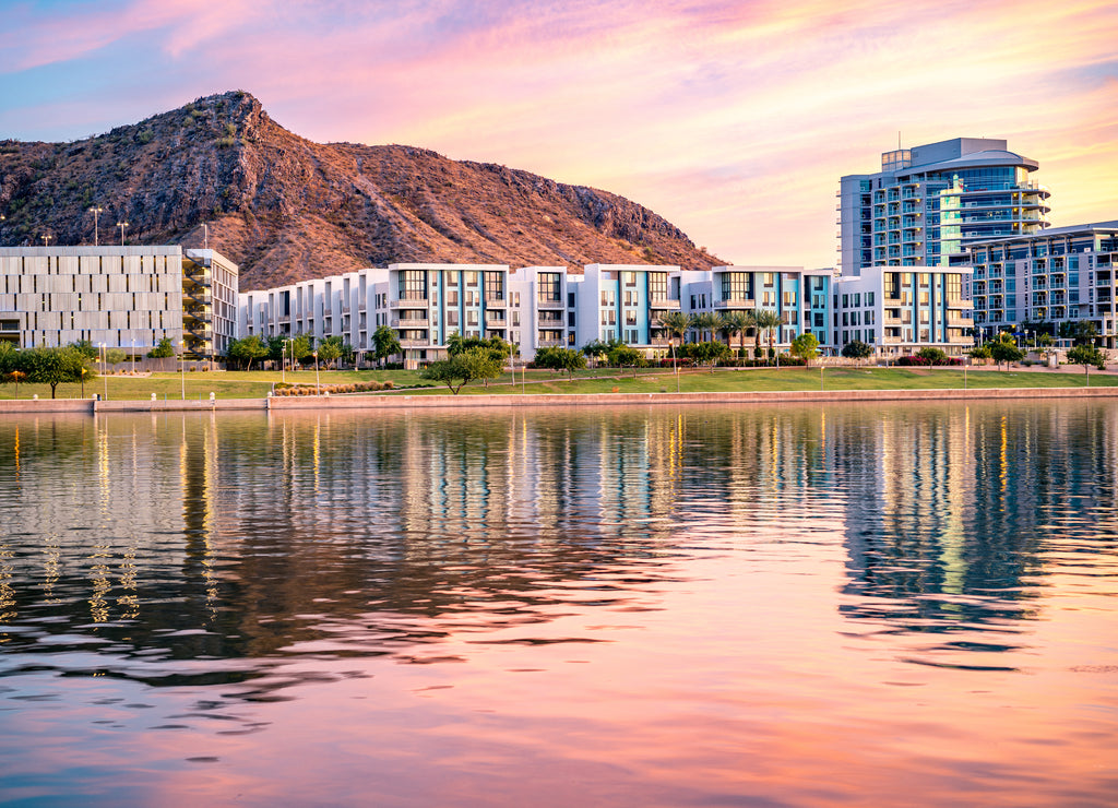 Tempe Town Lake Glistening at Sunset, Arizona
