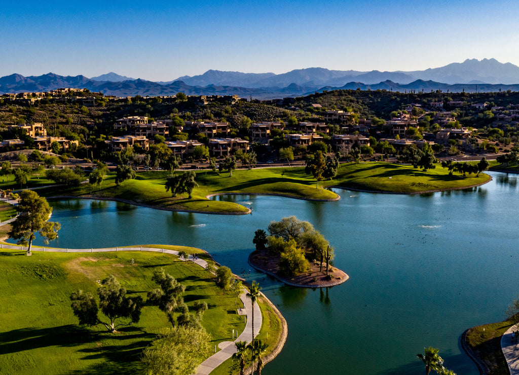 Aerial, drone view of Fountain Hills, Arizona and the surrounding mountains and hills