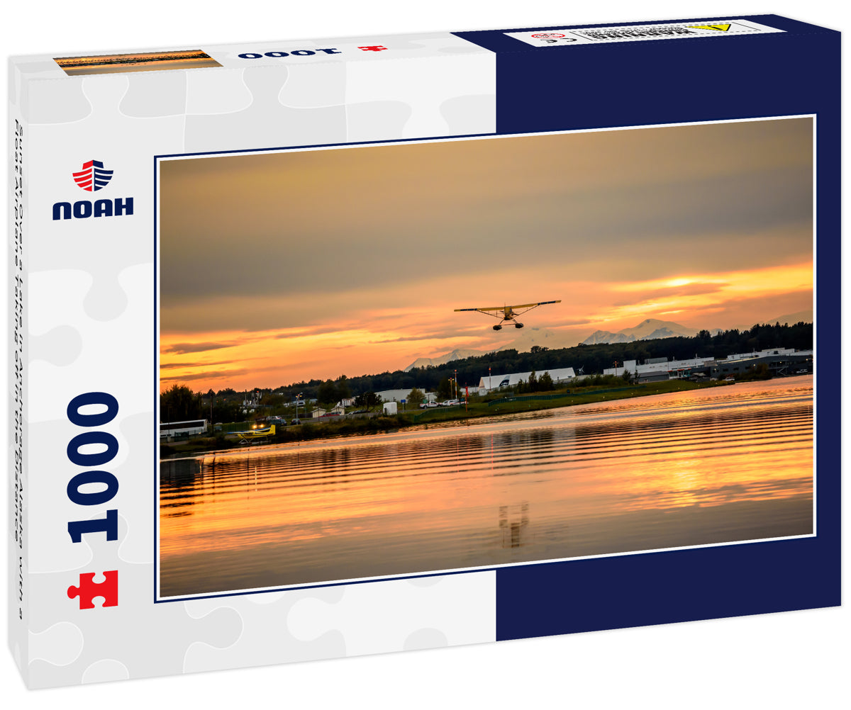 Sunset Over a Lake in Anchorage Alaska with a Float Airplane Taking off in the Distance