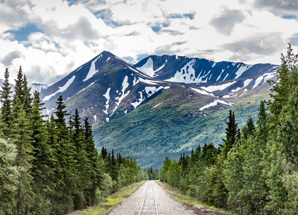 Railroad to Denali National Park, Alaska with impressive mountains