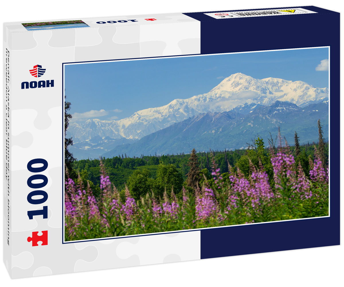 Denali, Alaska in summer with blooming fireweedon a clear blue day