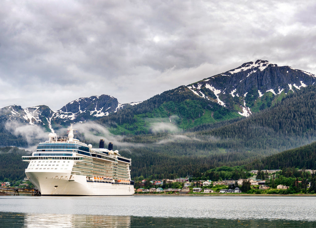 Cruise ship at port in Juneau, Alaska on a cloudy summer day