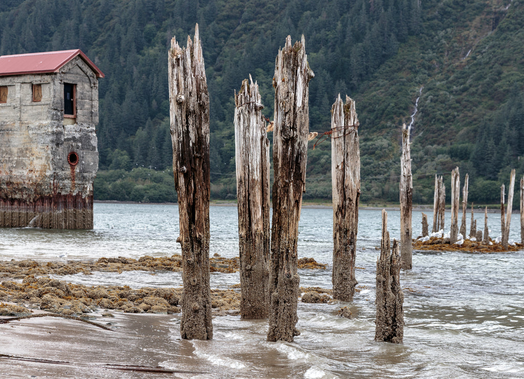 September 08 2018 Juneau Alaska Old pump station on sandy Beach in the Treadwell mine historic park in Juneau Alaska