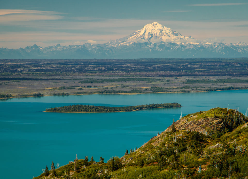 Mt Redoubt viewpoint from Skilak lake in Kenai Peninsula, Alaska