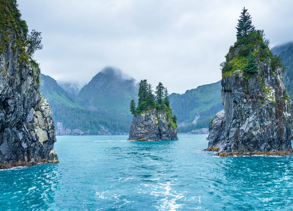 Blue waters and tree covered rocks jutting out of water on a cloudy morning at Porcupine bay at Kenai Fjords National Park, Alaska