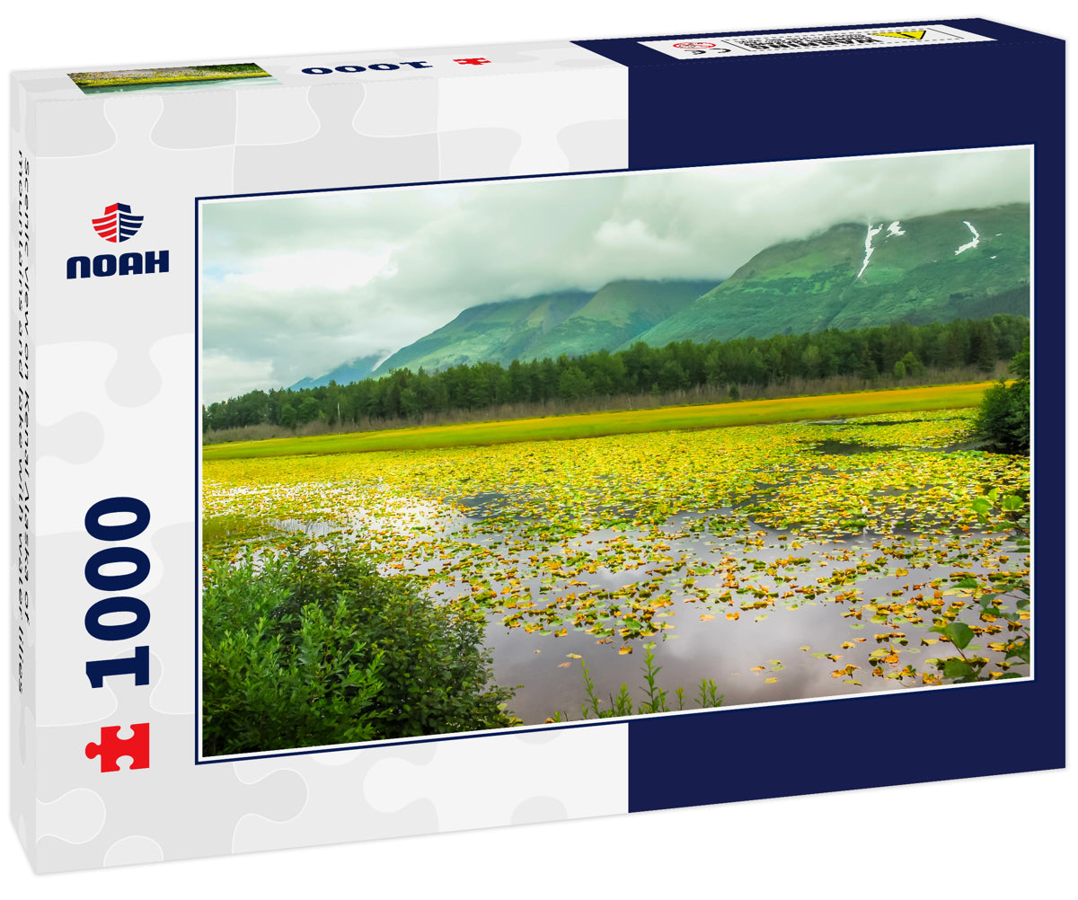 Scenic view on Kenai Alaska of mountains and lake with water lilies