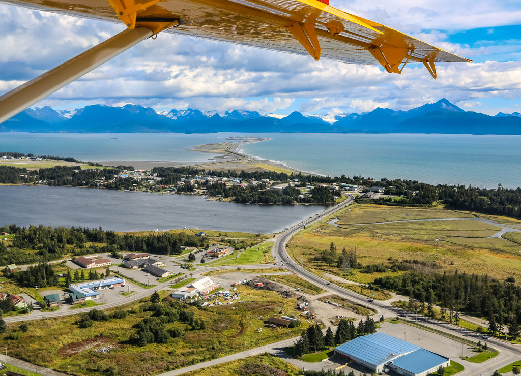 Aerial view from an airplane of Homer Spit and Kachemak Bay, Kenai Peninsula, Alaska